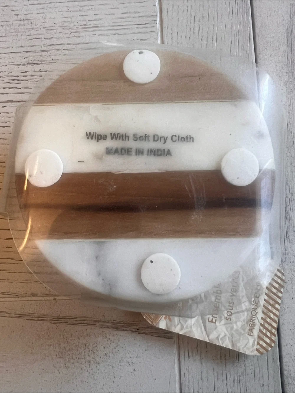 Round Marble and Wood Striped Coasters - Set of 4 NWT